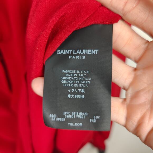 Saint Laurent Blouse Womens FR 40 US 8 Red Silk Puff Sleeve Drawstring Neckline - Picture 10 of 13